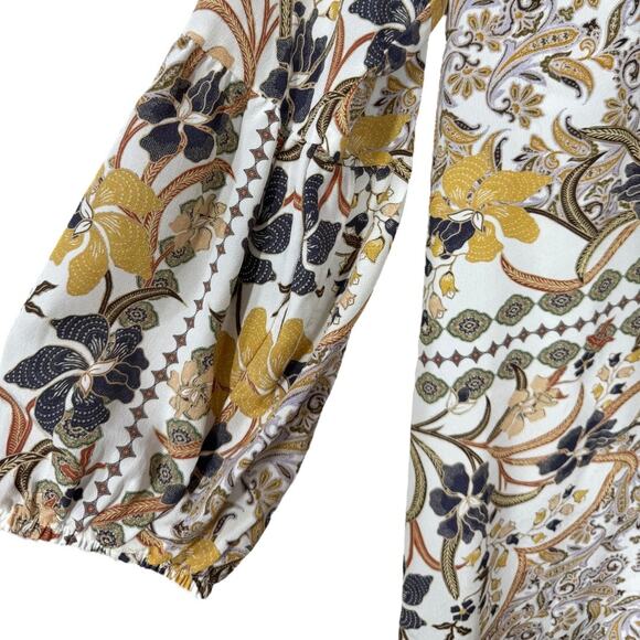 Johnny Was Phoenix Tunic Top XS Silk Floral Boho Print Purple Blue Gold V-Neck - Picture 5 of 7